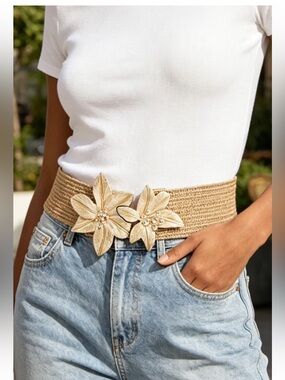 ShopEvelynne Beige Floral Straw Waist Belt with Gold Flower Buckles
